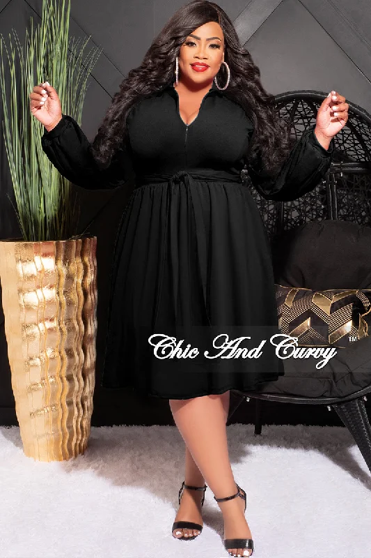 Final Sale Plus Size Zip Up Baby Doll Dress with Waist Tie in Black'Plus size women's silk tops