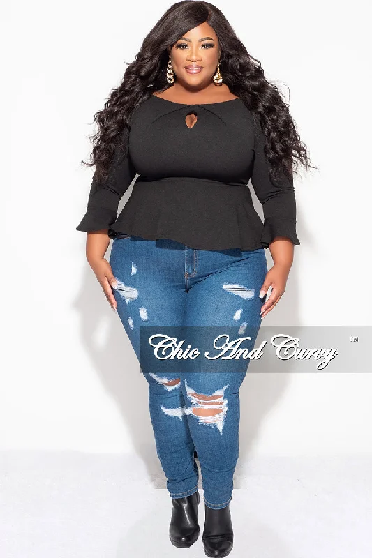 Final Sale Plus Size Bell Sleeve Peplum Top with Front Keyhole in BlackWomen's sleeveless tops