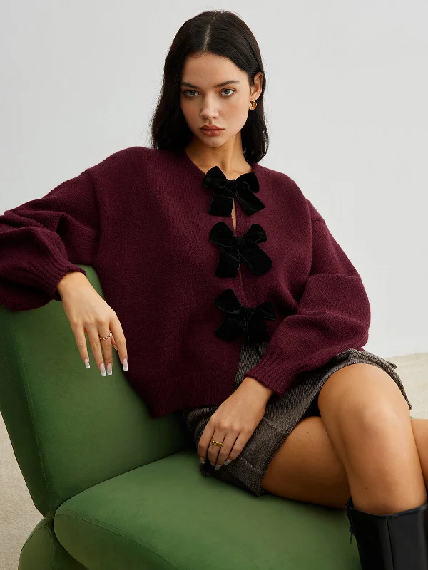 Ribbed Cuff Knit TopsVelvet-Bow Lantern Sleeve Sweater