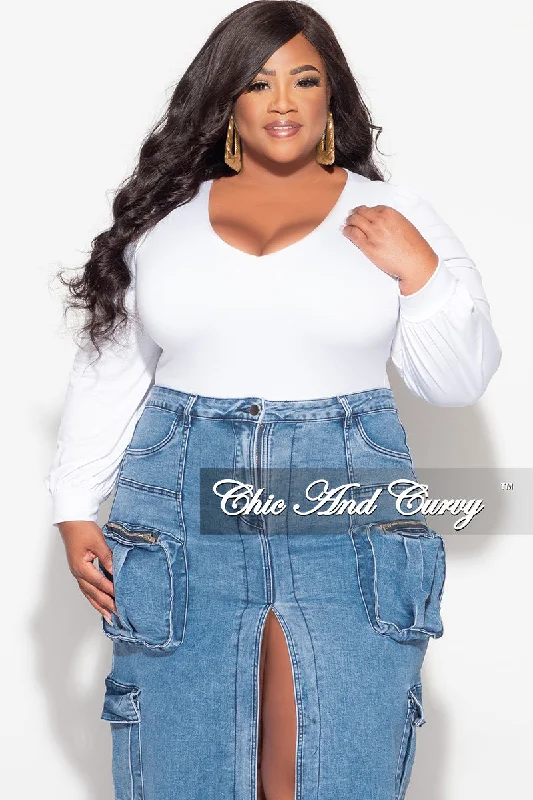 Final Sale Plus Size V Neck Bodysuit in WhiteLarge women's waist-baring tops