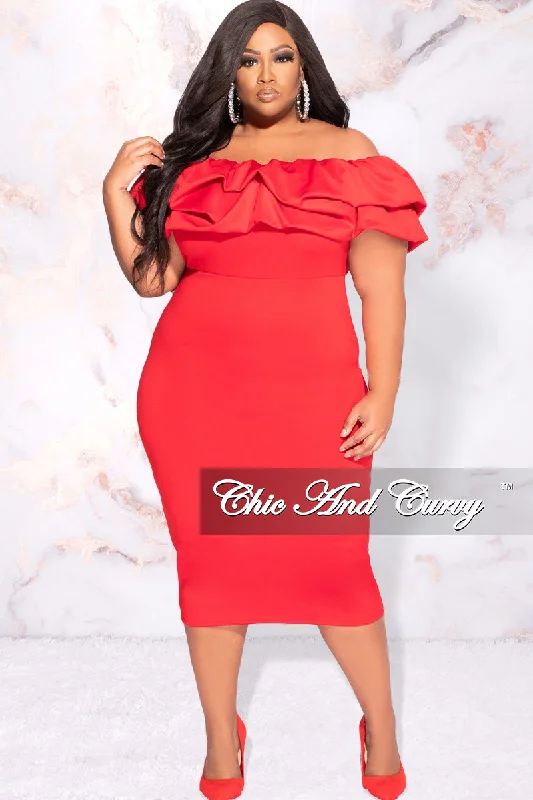 Final Sale Plus Size Off the Shoulder Ruffle BodyCon Dress in RedPlus size women's simple tops