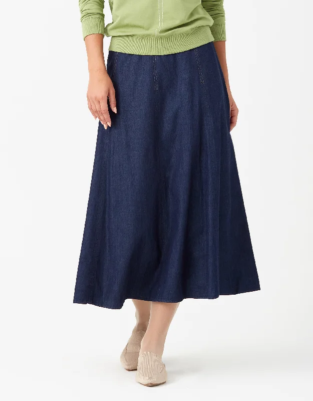 34" Aline Skirt with Contrast Stitching and Midriff Waistband Navy DenimPrairie Skirt