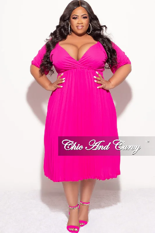 Final Sale Plus Size Chiffon Faux Wrap Pleated Dress in FuchsiaPlus size women's hollow tops