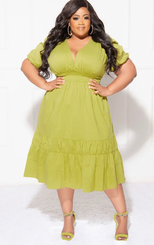 Final Sale Plus Size Faux Wrap Dress with Ruched Sleeves In KiwiLarge women's wrinkle-free tops