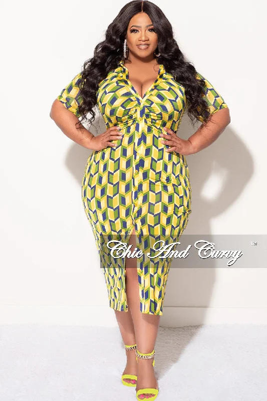 Final Sale Plus Size Collar Button Up BodyCon Dress in Blue, Green & YellowPlus size women's printed tops