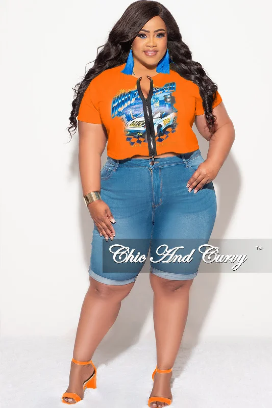 Final Sale Plus Size Zip Up Jersey "DESTINY " Graphic Top in OrangePlus size women's casual tops