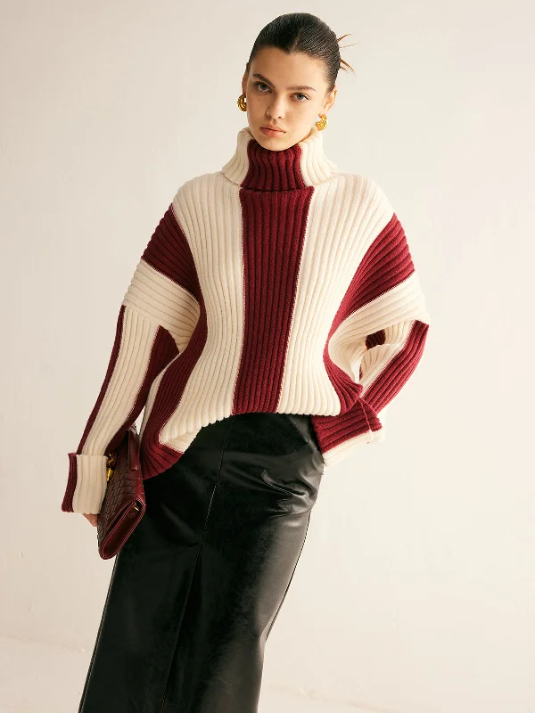 Colorblock Knit TopsRibbed Color Block Turtleneck Sweater