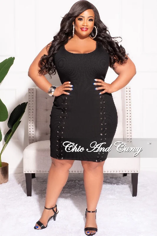 Final Sale Plus Size Sleeveless Tank Ribbed Bodycon Dress Lace Up Detail in BlackPlus size women's chiffon tops