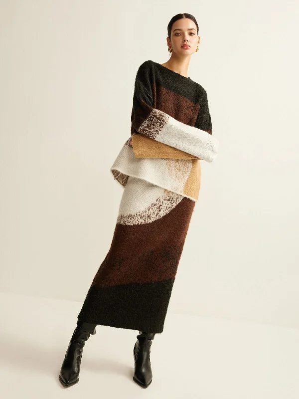 Wool Knit TopsColor Block Sweater Skirt