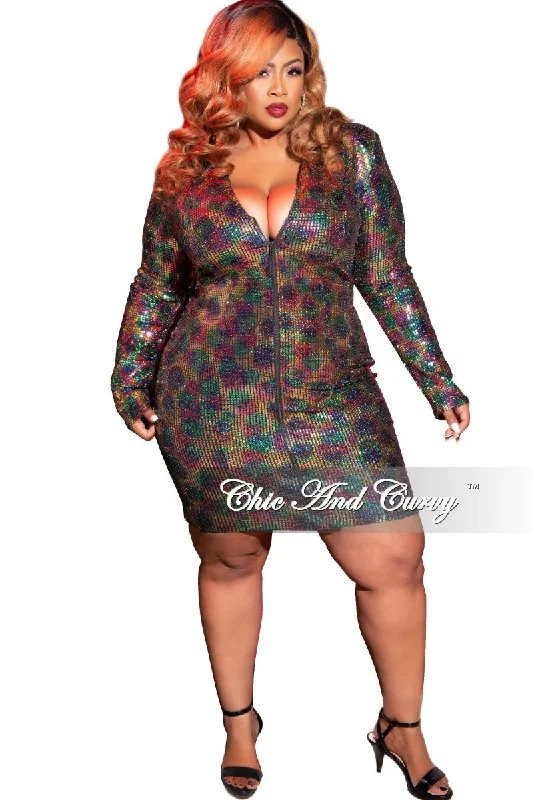 Final Sale Plus Size Faux Sequin Zip-Up Bodycon Dress in Rainbow PrintWomen's luxury tops