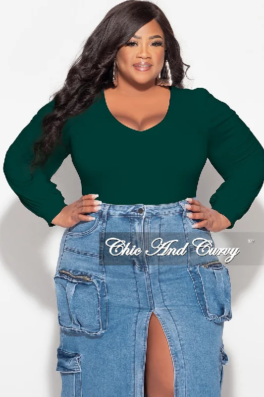 Final Sale Plus Size V Neck Bodysuit in Hunter GreenLarge women's long tops