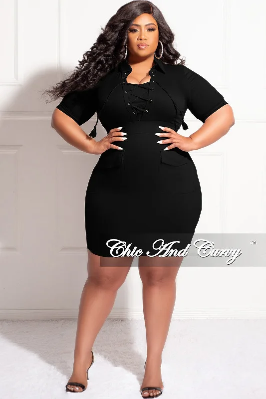 Final Sale Plus Size Lace Up Cargo Pocket Dress in BlackWomen's beach tops