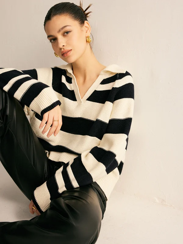 Logo Knit TopsV-Neck Two-Tone Striped Polo Sweater