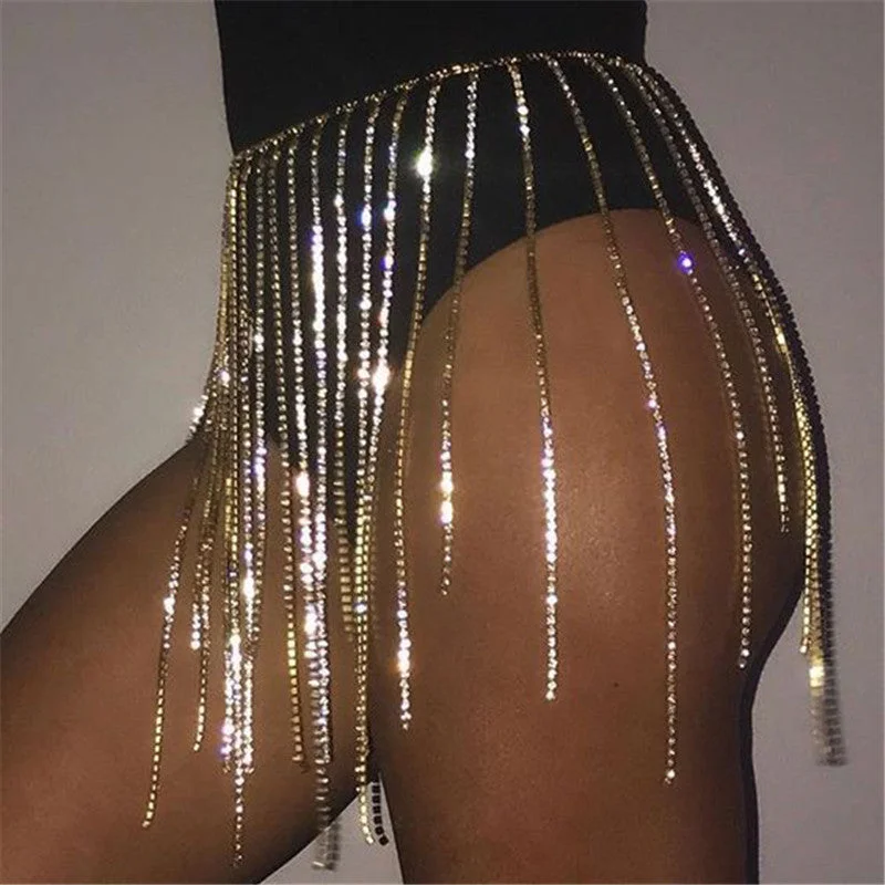 Shiny Rhinestone Long Tassels Mini Skirts Women Sexy Hollow Out Skirt 2019 Summer Beach See Through Skirt Rave Festival ClothingSheer Skirt