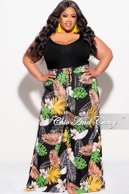 Final Sale Plus Size Pants in Black Multi Color Leaf PrintPlus size women's chiffon tops