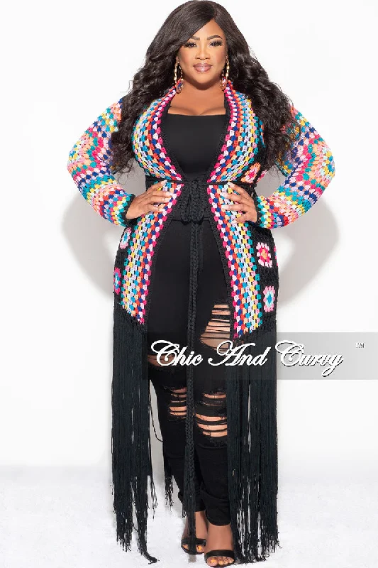 Final Sale Plus Size Crochet Cardigan with Bottom Fringe in BlackWomen's spring tops