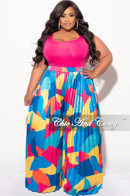 Final Sale Plus Size Satin Palazzo Pleated Pants in Royal Blue Multi Color Design PrintPlus size women's off-the-shoulder tops