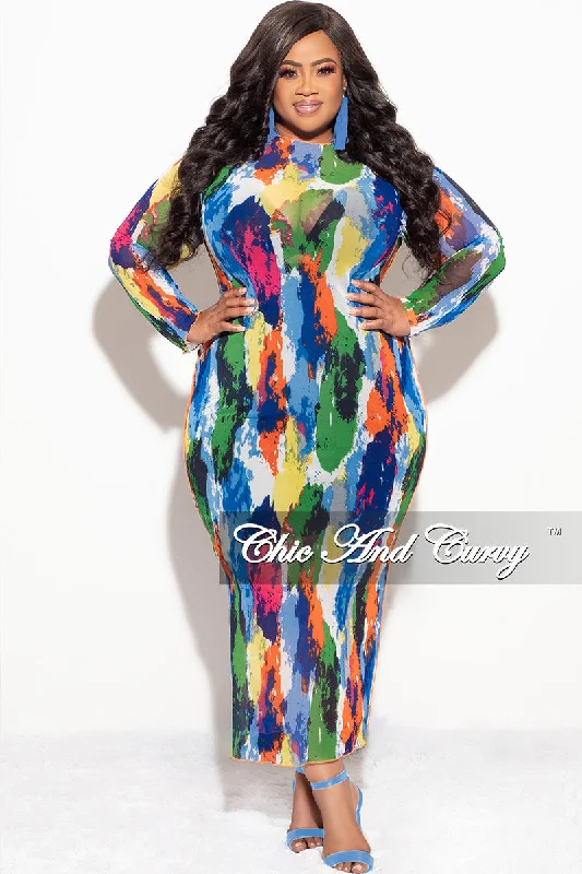 Final Sale Plus Size Reversible BodyCon Dress In Mesh with Multi-Color Paint PrintWomen's outdoor tops