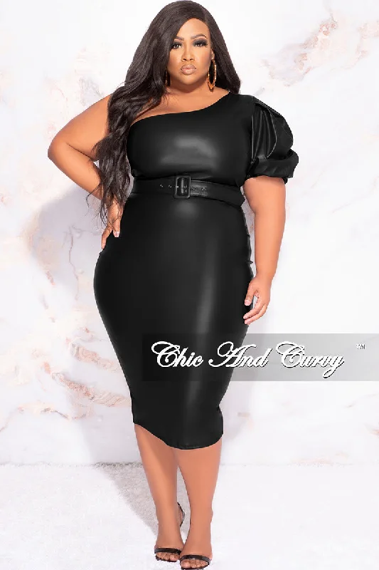 Final Sale Plus Size One Shoulder Faux Leather BodyCon Dress with Belt in BlackWomen's spring tops