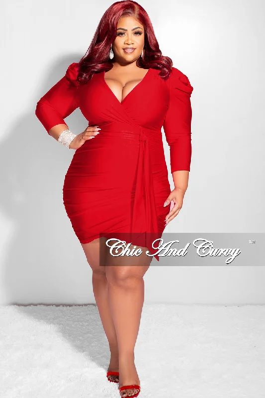 Final Sale Plus Size Faux Wrap Puffy Sleeve BodyCon Dress in RedPlus size women's silk tops