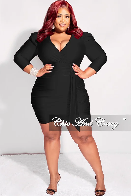 Final Sale Plus Size Faux Wrap Puffy Sleeve BodyCon Dress in BlackPlus size women's printed tops