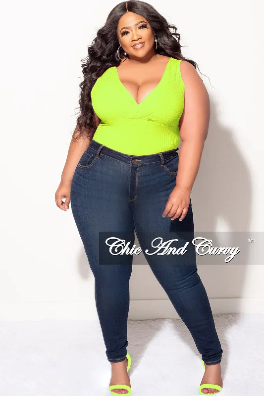 Final Sale Plus Size Ribbed Faux Wrap Sleeveless Bodysuit in Neon GreenWomen's designer tops