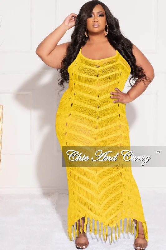 Final Sale Plus Size Spaghetti Strap Open Stitch Crochet Cover Up in YellowLarge women's cardigan tops