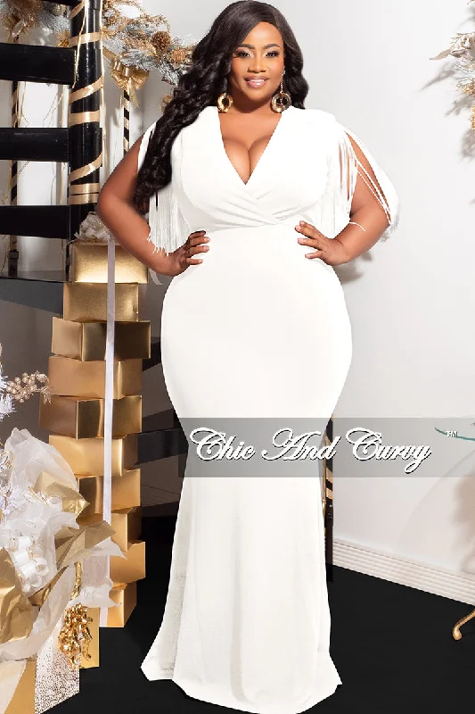 Final Sale Plus Size Fringe Shoulder Gown in IvoryLarge women's polyester tops