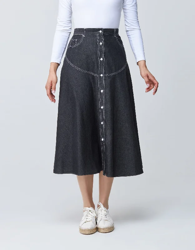 32" Contrast Stitched Denim Western Button Skirt BlackOffice Skirt