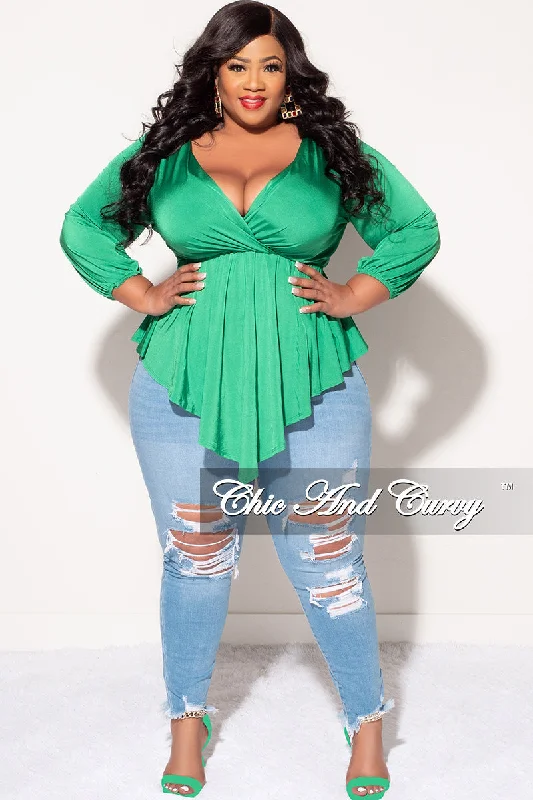 Final Sale Plus Size Faux Wrap Asymmetrical Top in GreenLarge women's stretch tops