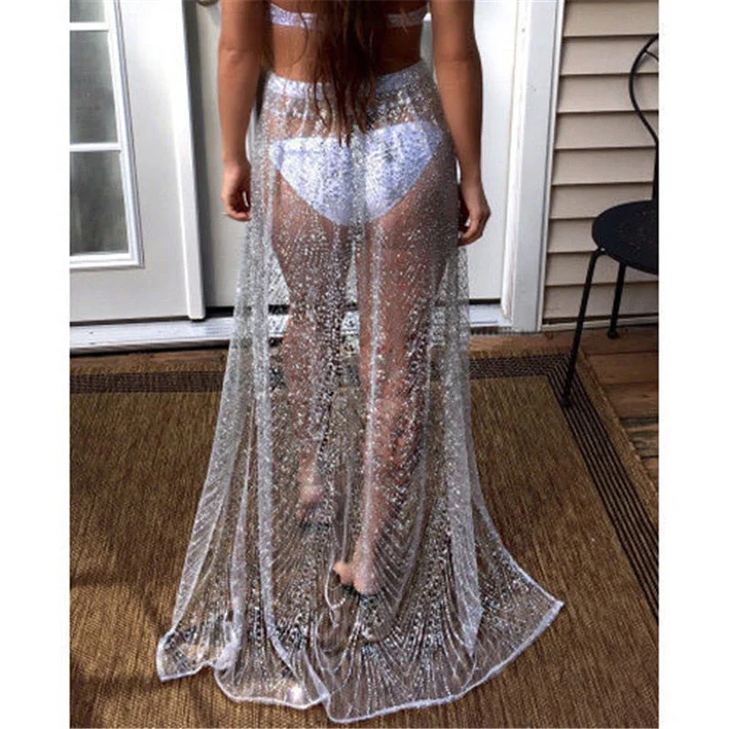 Mesh Hollow Out Long Skirt Gold Silver Sequins Sexy See Through Floor-Length Skirt 2019 Summer Beach Skirts Sun-proof ClothingBoho Skirt