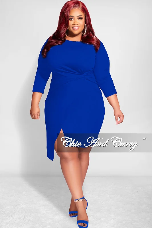 Final Sale Plus Size Long Sleeve Side Knot Wrap Midi Dress in BluePlus size women's evening tops