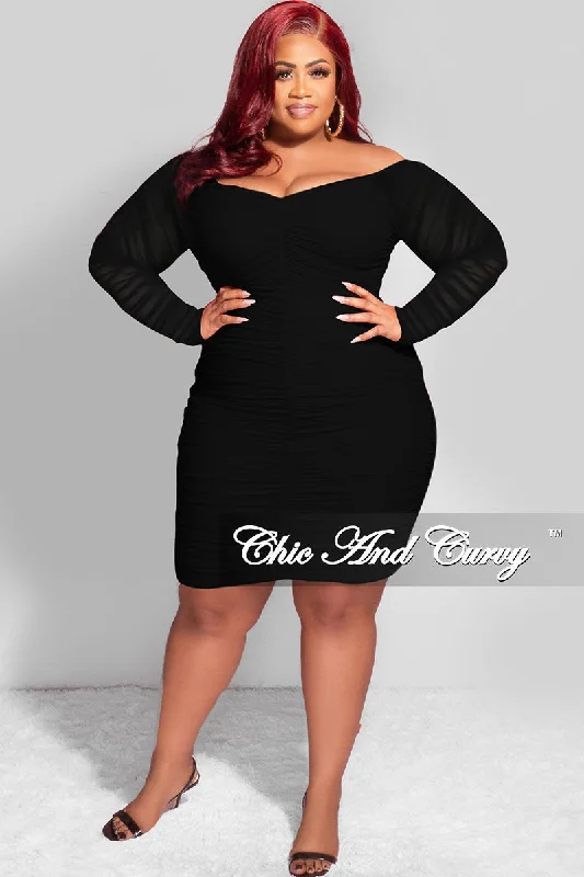 Final Sale Plus Size Ruched Off The Shoulder Mini Dress in Black MeshLarge women's velvet tops