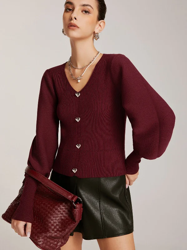 Leather-Paneled Knit TopsLantern Sleeve V-Neck Sweater