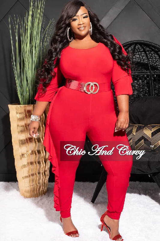 Final Sale Plus Size Jumpsuit with Ruffle Trim in RedKnitted 