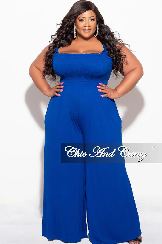 Final Sale Plus Size Jumpsuit with Smocking & Elastic Straps in BluePlus size women's retro tops