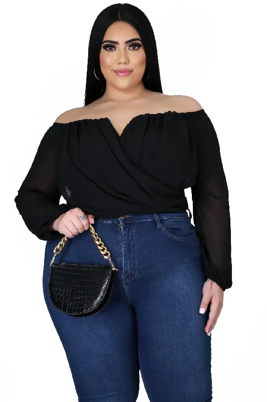 Final Sale Plus Size Off The Shoulder Faux Wrap Draping Top in BlackPlus size women's turtleneck tops