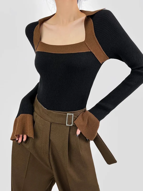 Streetwear Knit TopsRibbed Color Block Skinny Sweater