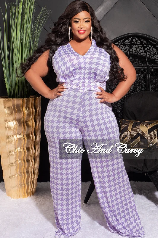 Final Sale Plus Size Jumpsuit with Waist Belt in Lavender Houndstooth PrintLarge women's long tops