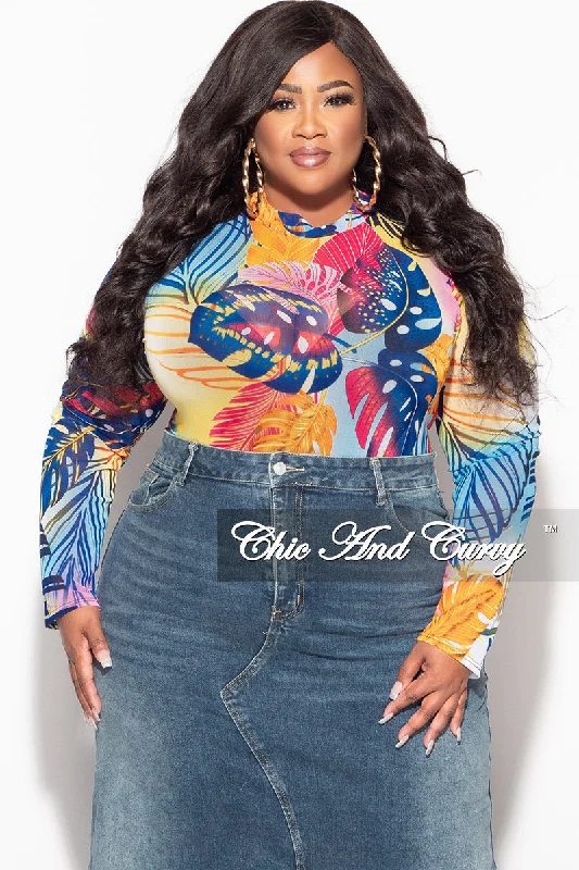 Final Sale Plus Size Mesh Bodysuit in Multi Color Leaf PrintLarge women's anti-static tops