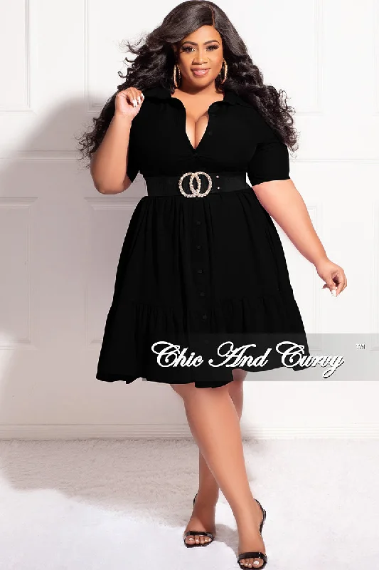 Final Sale Plus Size Collar Button Up Dress in BlackPlus size women's retro tops