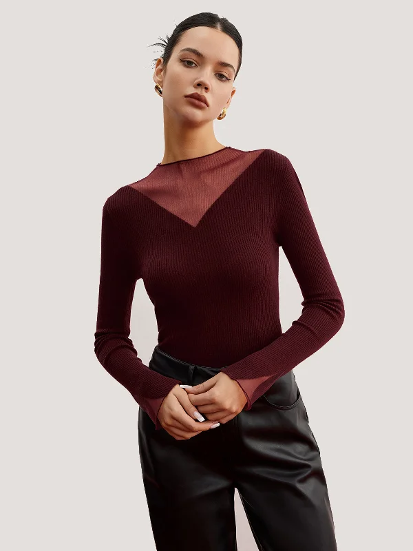 Embellished Knit TopsMinimalist Sheer Ribbed Stretch Sweater