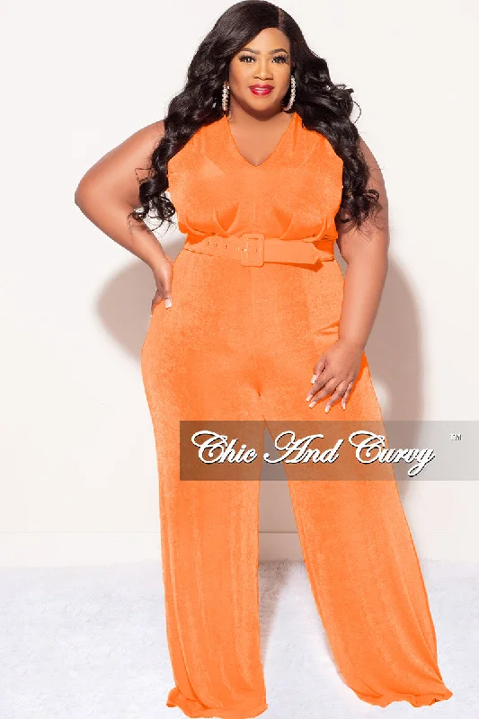 Final Sale Plus Size Slinky Deep V Neck Jumpsuit with Belt in OrangeLarge women's cardigan tops