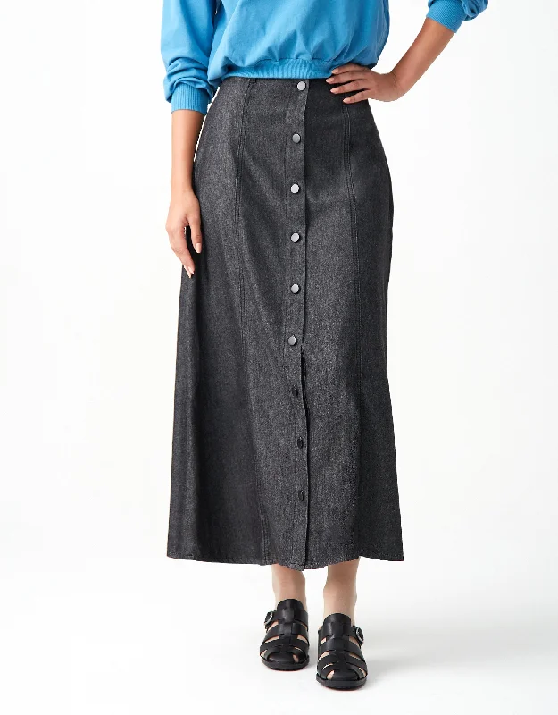 37" Multi Seamed Stud Button Waistband Skirt with Back Elastic Black DenimEdwardian Skirt