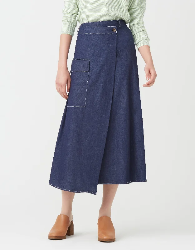 34" Asymmetrical Wrap Skirt with Patch Pocket and Contrast Stitching Navy DenimSarong