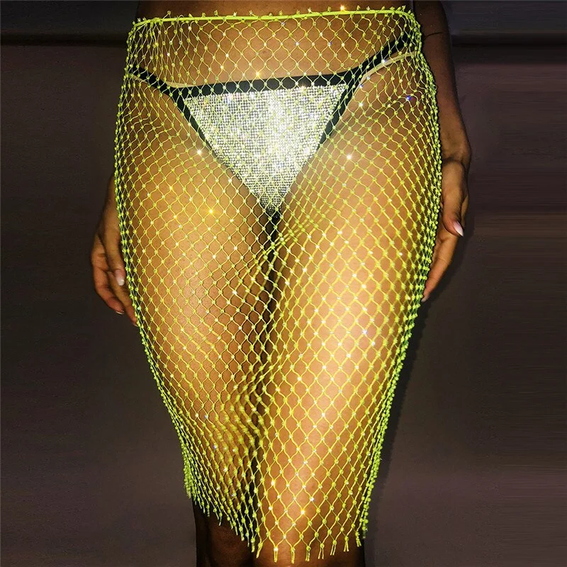 Neon Green Fishnet Mini Skirt Women Sexy See Through Mesh Plaid Skirt 2019 Summer Beach Shiny Rhinestones Skirts Party ClubwearHigh-low Skirt