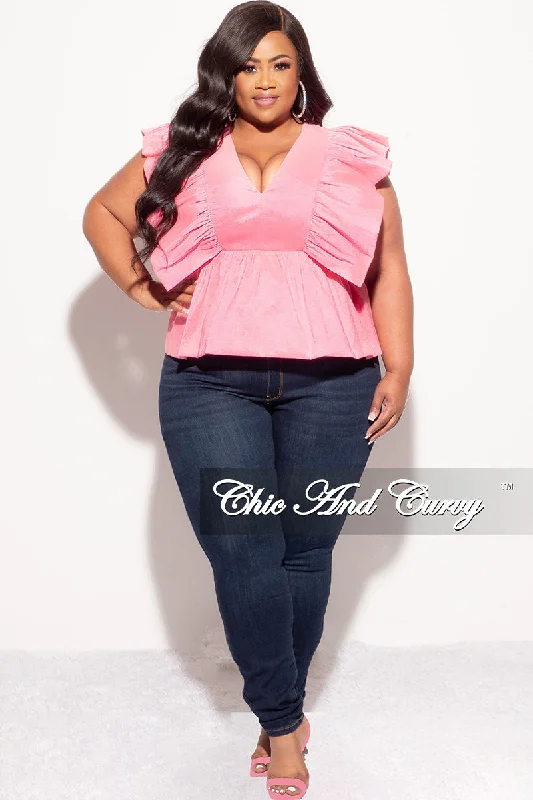 Final Sale Plus Size Ruffle Peplum Top in PinkLarge women's blended tops