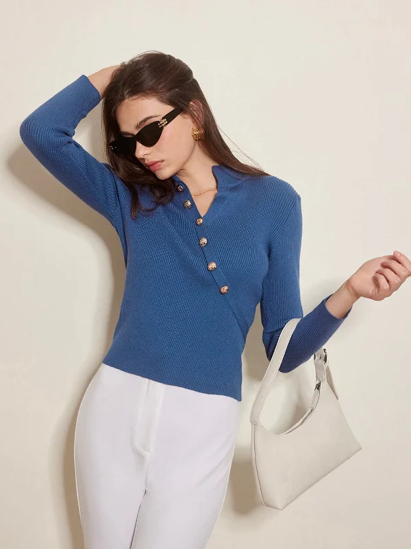 Zippered Knit TopsAsymmetrical Breasted Slim Polo Sweater