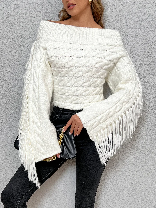 High-Fashion Knit TopsBeheme Off-Shoulder Tassel Sweater