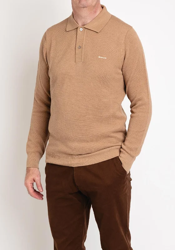 Winter Knit TopsGant Cotton Pique Polo Sweater, Dark Khaki